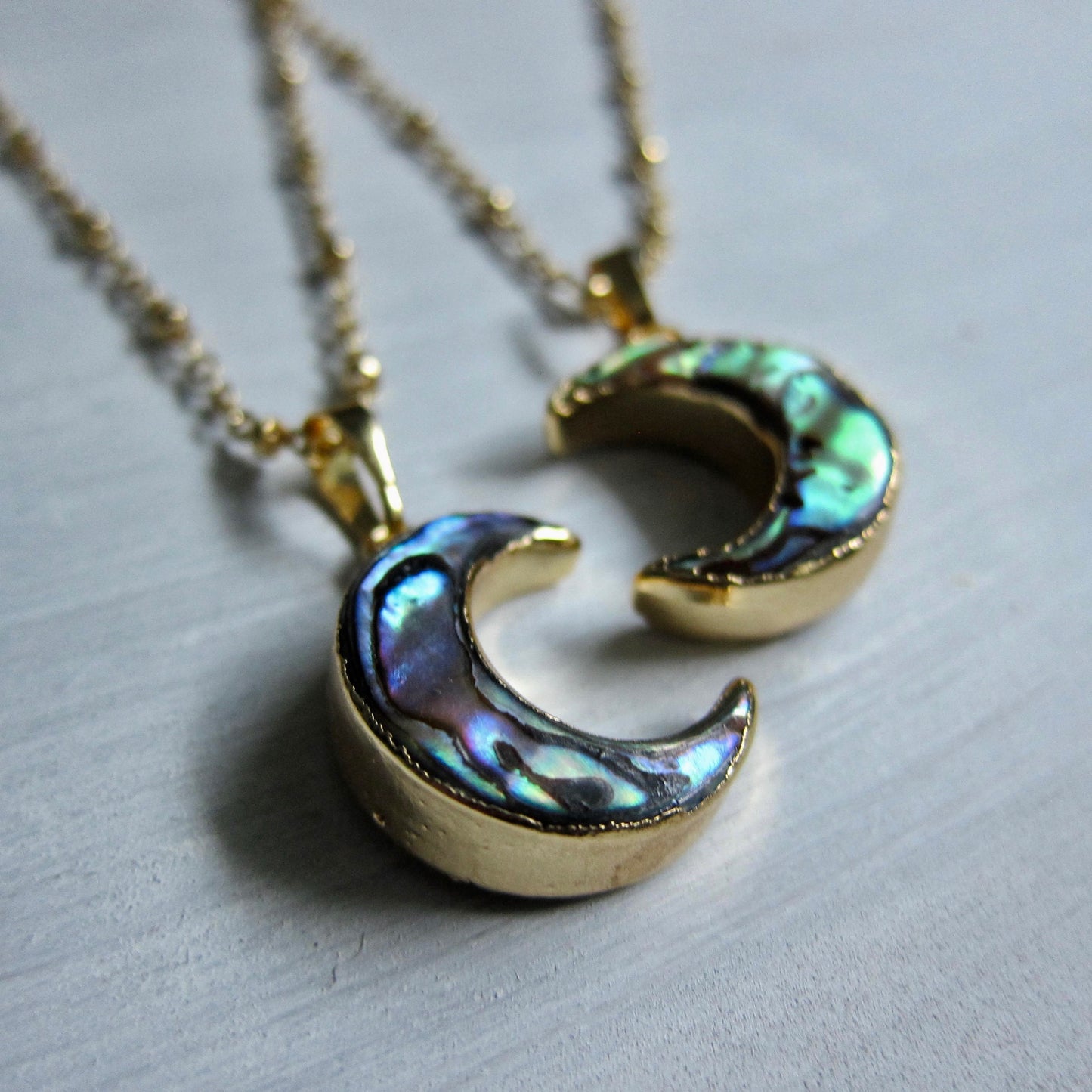 Abalone Crescent Moon Necklace in Gold – Iridescent Shell Pendant, Celestial Jewelry