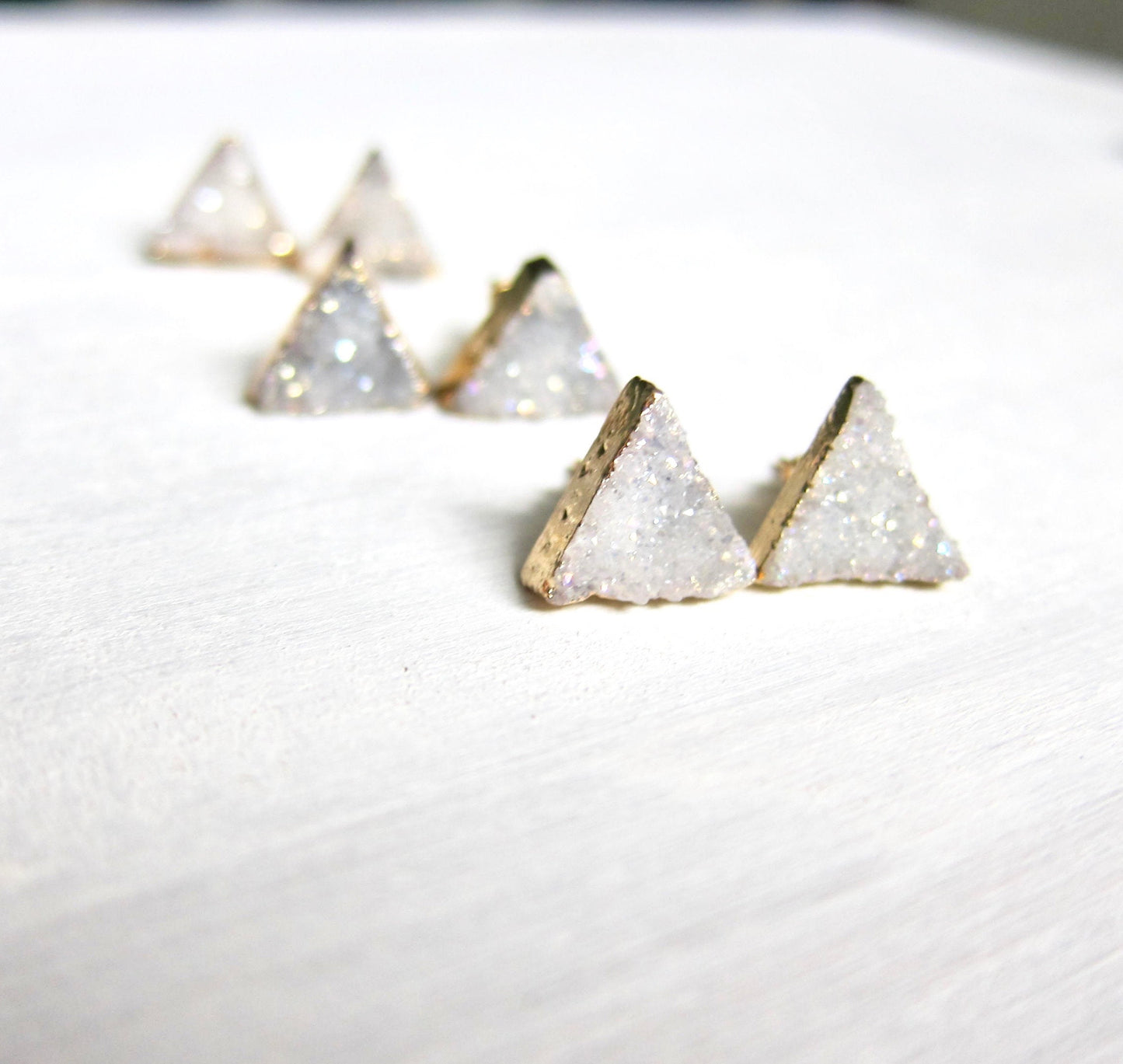 Natural Triangle Druzy Studs – White/Gray Crystal with 14k Gold Electroplate