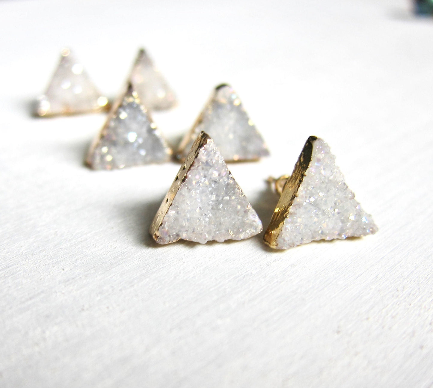 Natural Triangle Druzy Studs – White/Gray Crystal with 14k Gold Electroplate