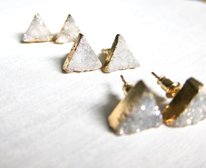 Natural Triangle Druzy Studs – White/Gray Crystal with 14k Gold Electroplate