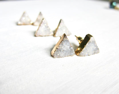 Natural Triangle Druzy Studs – White/Gray Crystal with 14k Gold Electroplate