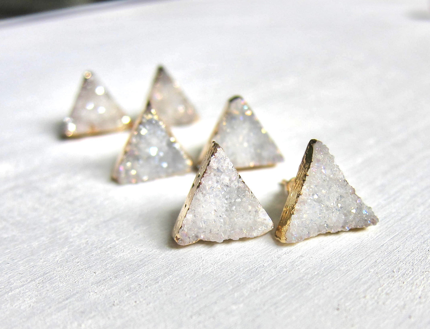 Natural Triangle Druzy Studs – White/Gray Crystal with 14k Gold Electroplate