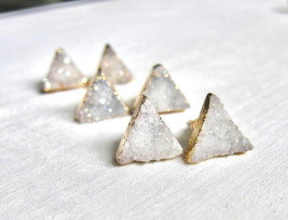 Natural Triangle Druzy Studs – White/Gray Crystal with 14k Gold Electroplate