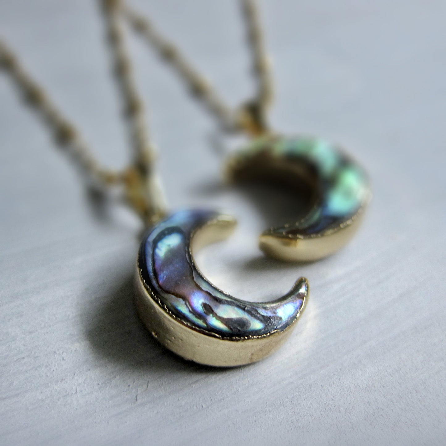 Abalone Crescent Moon Necklace in Gold – Iridescent Shell Pendant, Celestial Jewelry