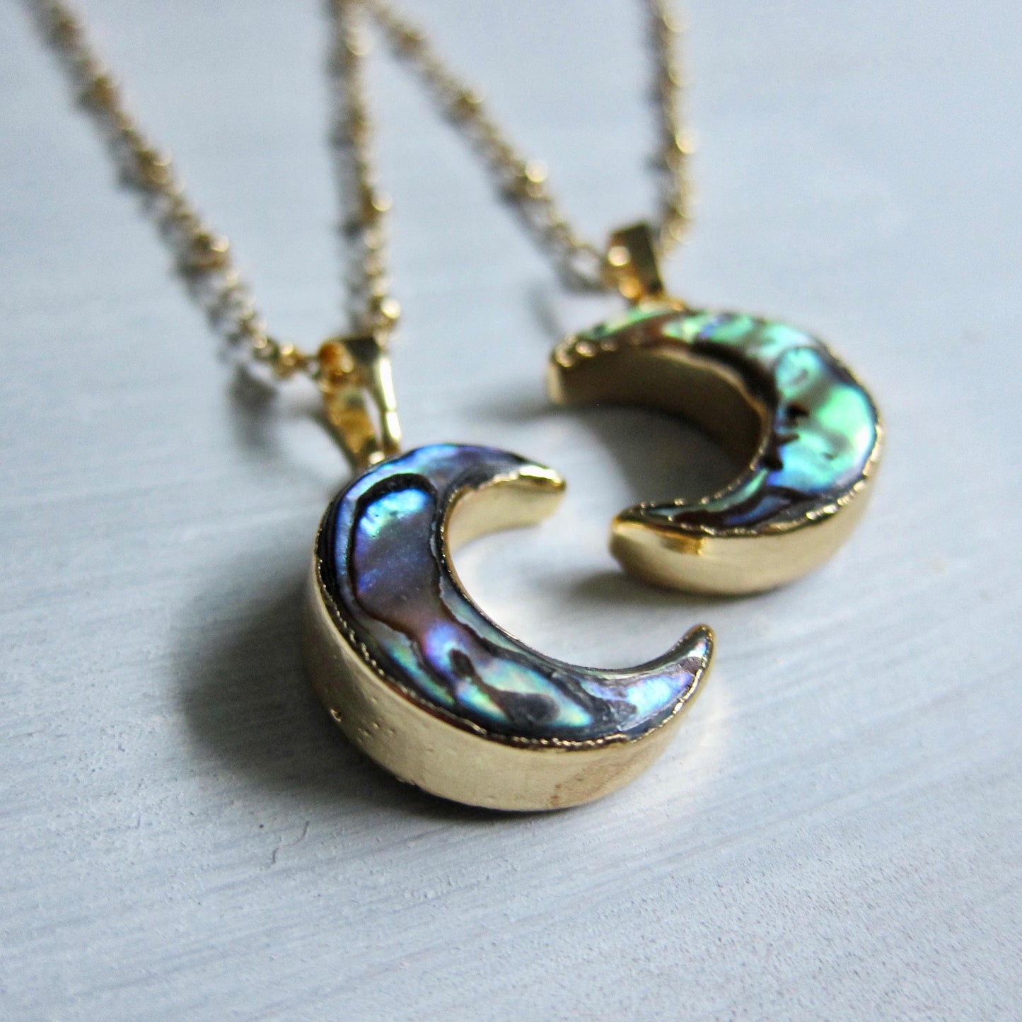 Abalone Crescent Moon Necklace in Gold – Iridescent Shell Pendant, Celestial Jewelry