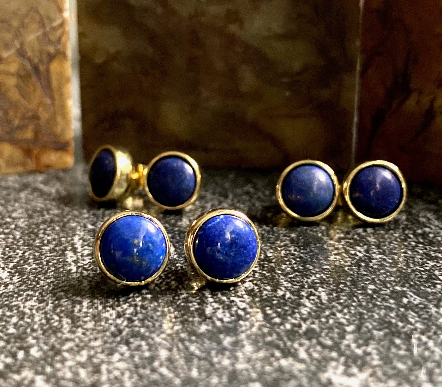 Deep Blue Lapis Stud Earrings – Classic 14k Gold Plated Bezel Design - September Birthstone
