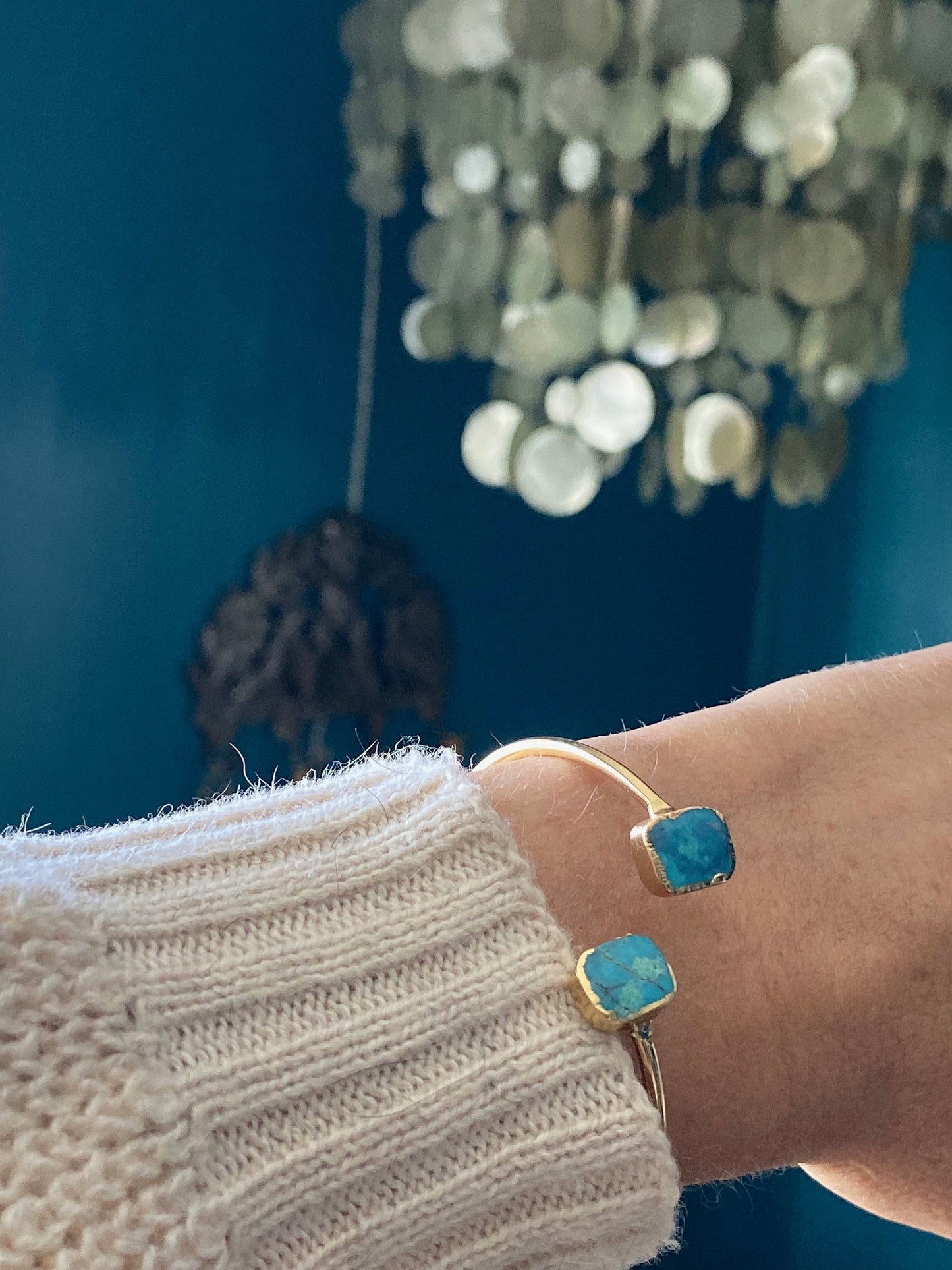 Genuine Turquoise Open Cuff Bracelet – 14k Gold Plated Adjustable Boho Bracelet | December Birthstone Jewelry