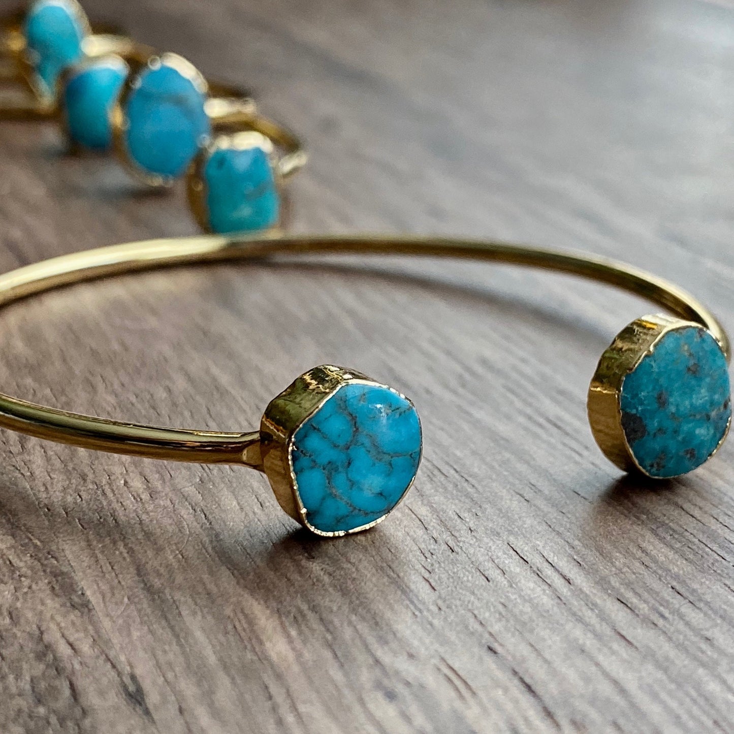 Genuine Turquoise Open Cuff Bracelet – 14k Gold Plated Adjustable Boho Bracelet | December Birthstone Jewelry