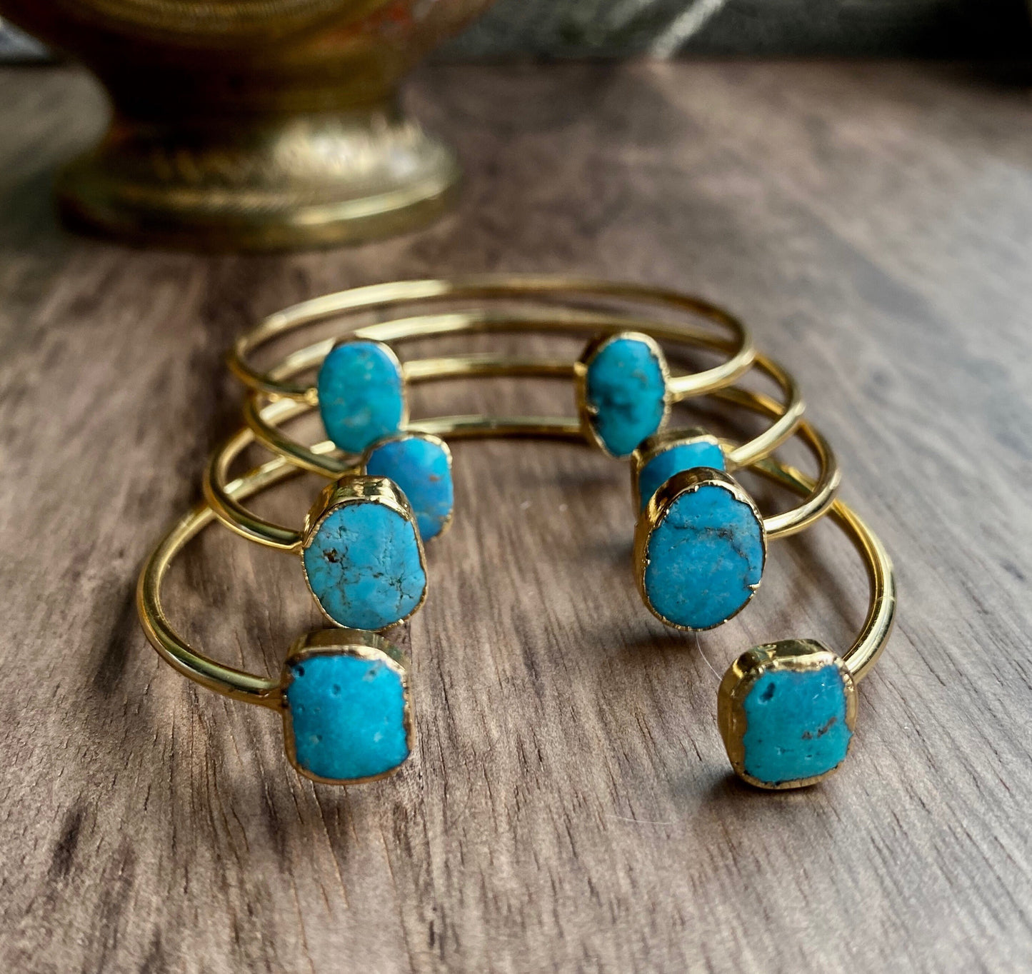 Genuine Turquoise Open Cuff Bracelet – 14k Gold Plated Adjustable Boho Bracelet | December Birthstone Jewelry