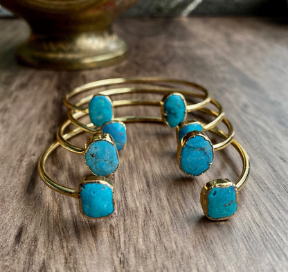 Genuine Turquoise Open Cuff Bracelet – 14k Gold Plated Adjustable Boho Bracelet | December Birthstone Jewelry