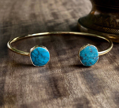 Genuine Turquoise Open Cuff Bracelet – 14k Gold Plated Adjustable Boho Bracelet | December Birthstone Jewelry