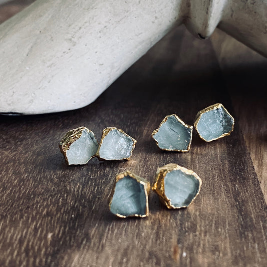 Raw Aquamarine Stud Earrings – 14k Gold Plated over Sterling Silver | March Birthstone
