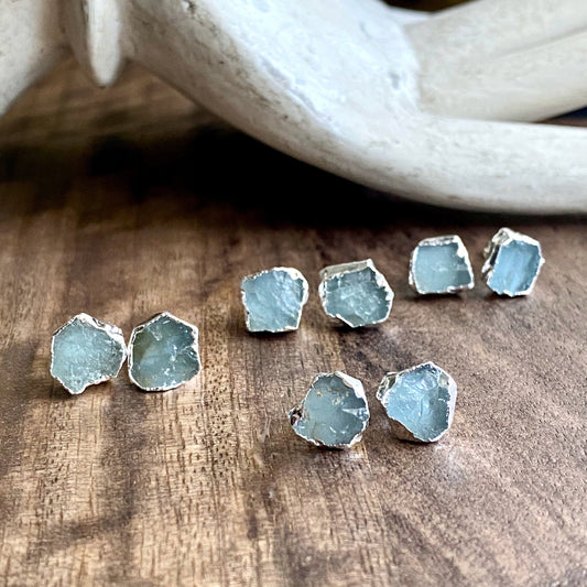 Raw Aquamarine Gemstone Stud Earrings – Sterling Silver  | Natural March Birthstone Jewelry