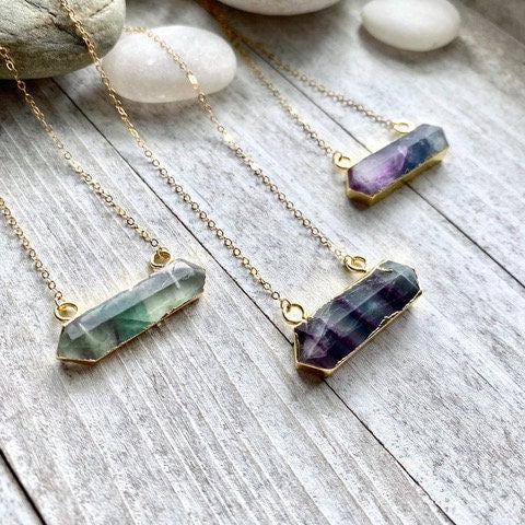 Rainbow Fluorite Necklace, Gemstone Bar Necklace, Fluorite Jewelry,  Gold Fill Paperclip Chain Crystal Necklace,  Raw Fluorite Pendant