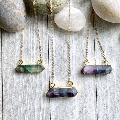 Rainbow Fluorite Necklace, Gemstone Bar Necklace, Fluorite Jewelry,  Gold Fill Paperclip Chain Crystal Necklace,  Raw Fluorite Pendant