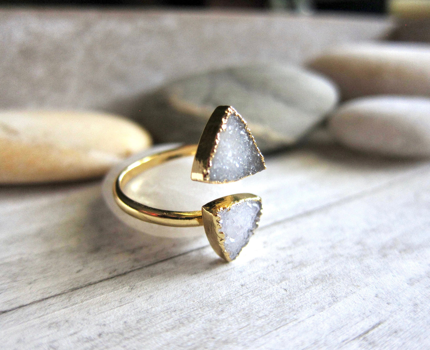Gold Druzy Geometric Ring, Electroplated Quartz Statement Ring, Blue Purple Gemstone Wrap (Adjustable)
