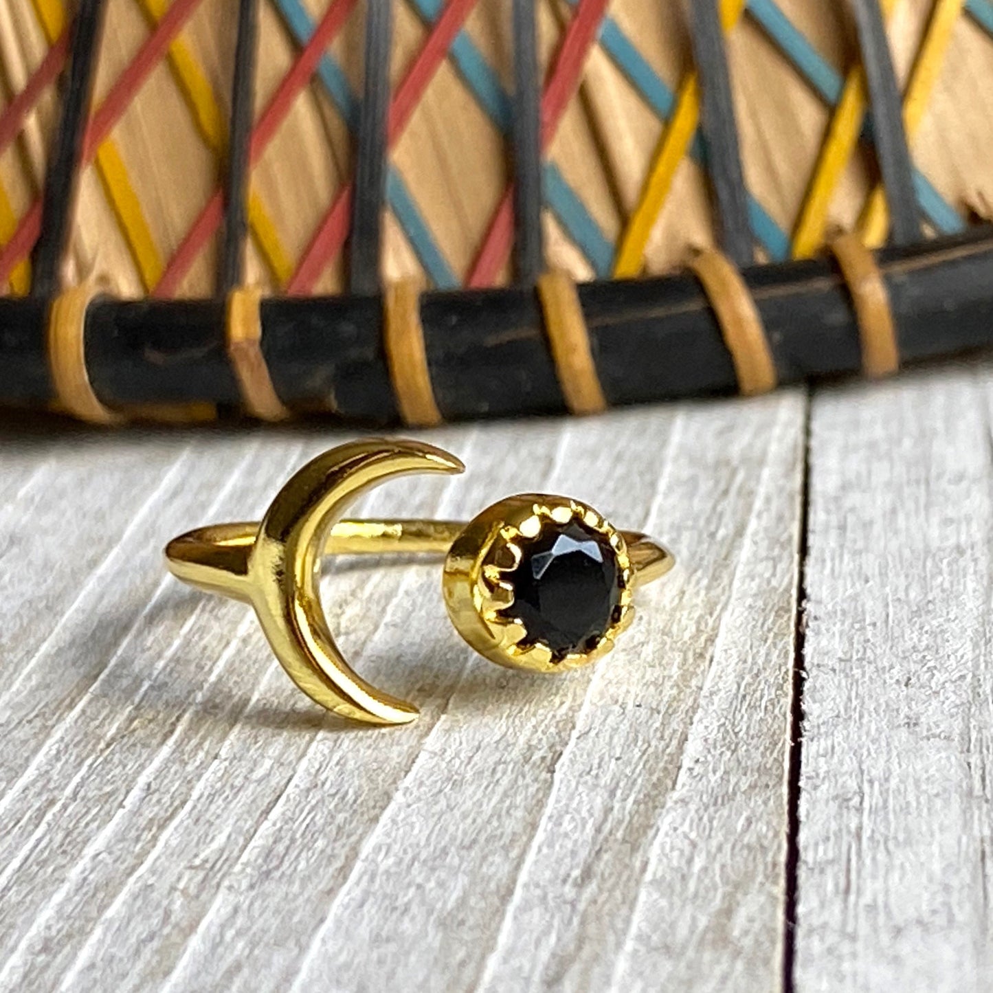 Pink Crystal Crescent Moon Ring • October  Birthstone Gift, Open Gemstone Ring, Adjustable Birthstone Rings,  Blue Crystal Celestial Jewelry