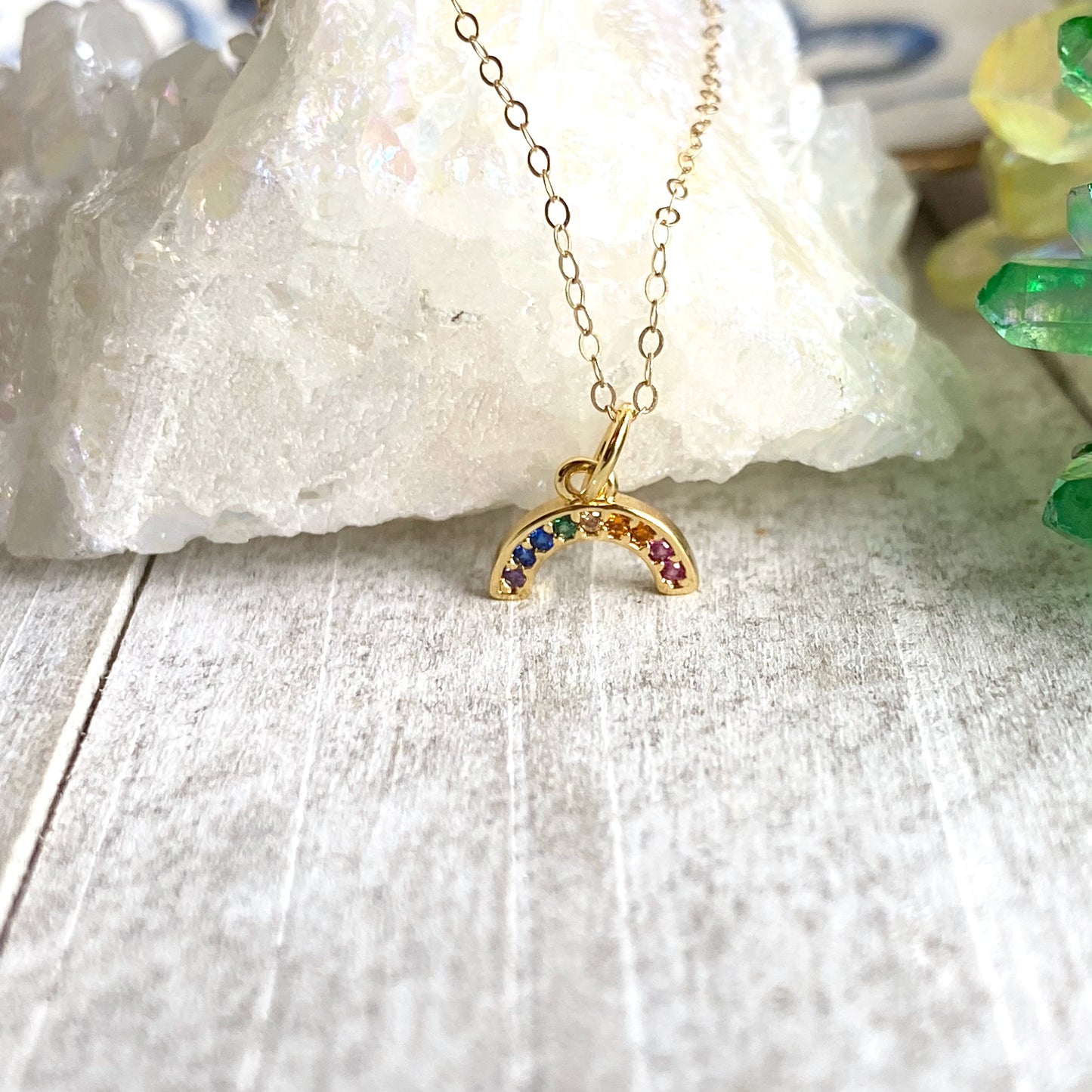 Dainty Rainbow Necklace in 18k Gold, Multi Gemstone Arc Pendant, Pride Jewelry, Colorful Crystal Jewelry Gift for Her, Minimalist Necklace