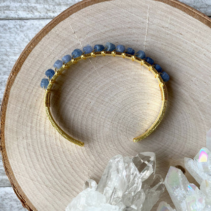 Gold Plated Bangle Bracelet with Raw Sapphires – Wire Wrapped Gemstone Cuff for Women