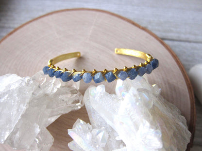 Gold Plated Bangle Bracelet with Raw Sapphires – Wire Wrapped Gemstone Cuff for Women