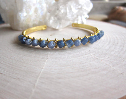Gold Plated Bangle Bracelet with Raw Sapphires – Wire Wrapped Gemstone Cuff for Women