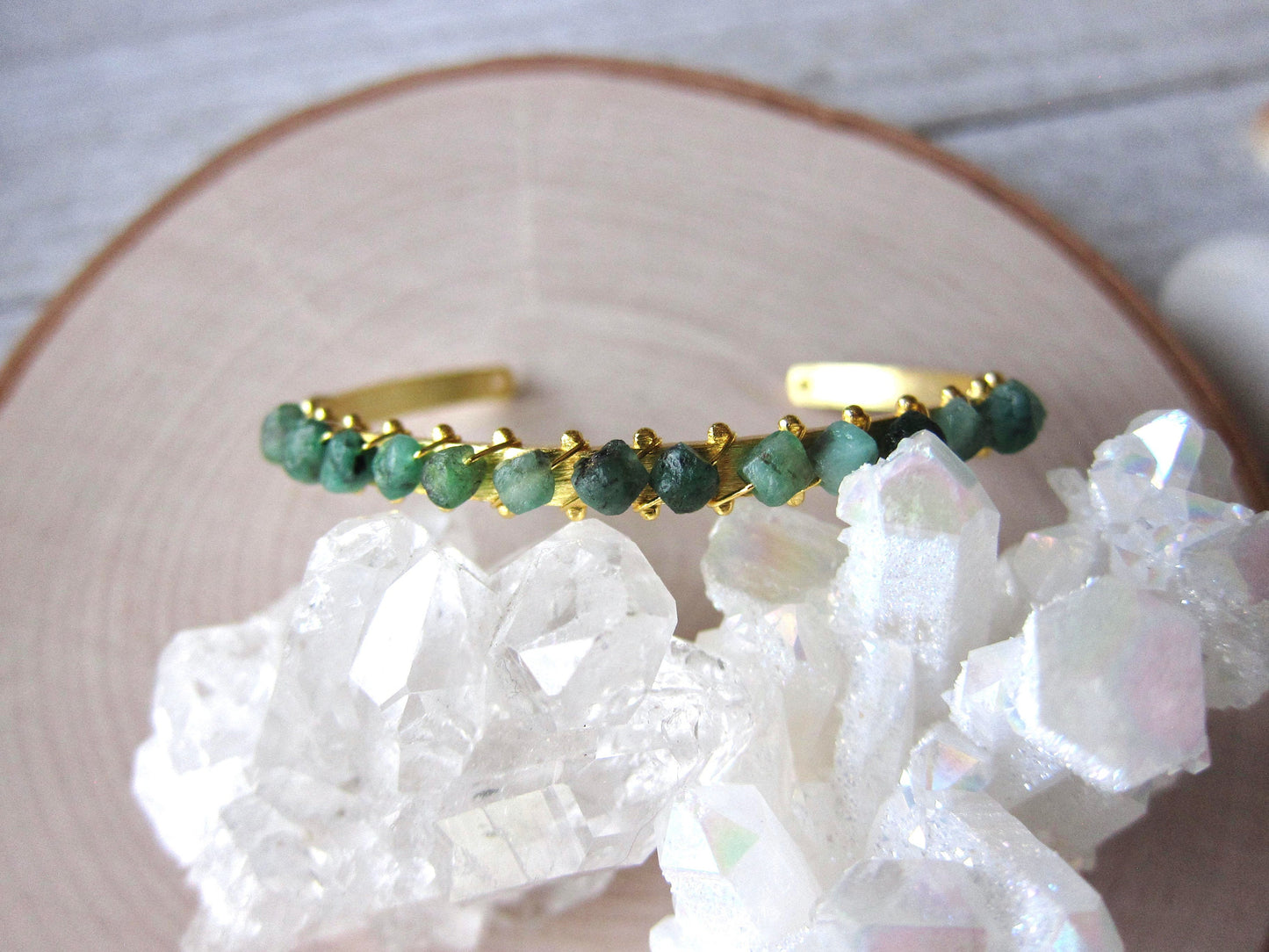 Raw Emerald Cuff Bracelet – 14k Gold Plated with Wire-Wrapped Gemstones