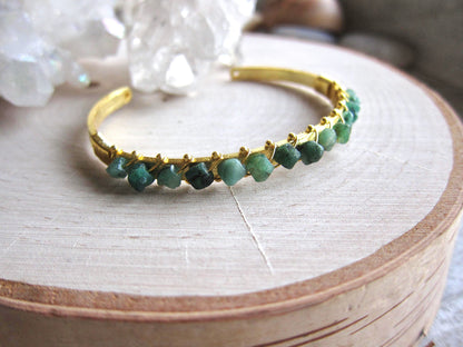 Raw Emerald Cuff Bracelet – 14k Gold Plated with Wire-Wrapped Gemstones