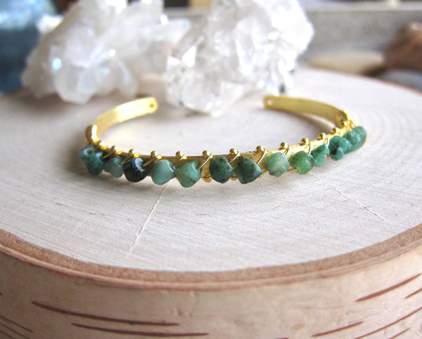 Raw Emerald Cuff Bracelet – 14k Gold Plated with Wire-Wrapped Gemstones