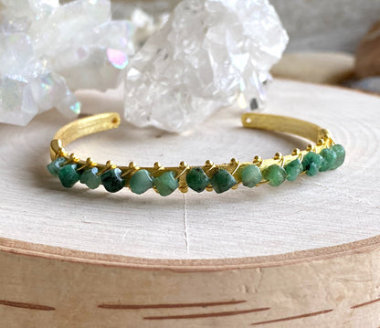 Raw Emerald Cuff Bracelet – 14k Gold Plated with Wire-Wrapped Gemstones