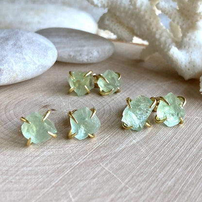 Raw Fluorite Stud Earrings – 14k Gold Plated Prong Set | Natural Crystal Earrings for Women