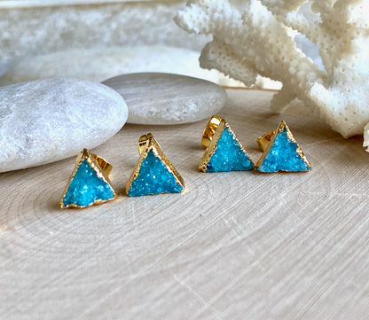Druzy Stud Earrings, Teal Crystal Stud Earrings, Triangle Stud Earrings