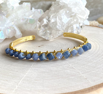 Gold Plated Bangle Bracelet with Raw Sapphires – Wire Wrapped Gemstone Cuff for Women