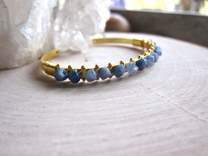 Gold Plated Bangle Bracelet with Raw Sapphires – Wire Wrapped Gemstone Cuff for Women