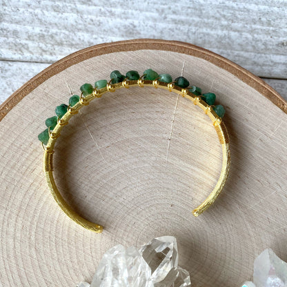 Raw Emerald Cuff Bracelet – 14k Gold Plated with Wire-Wrapped Gemstones