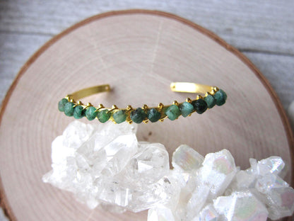 Raw Emerald Cuff Bracelet – 14k Gold Plated with Wire-Wrapped Gemstones