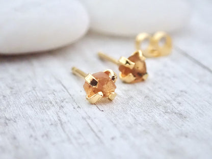 Raw Citrine Stud Earrings – Natural Gemstone Nuggets in 14k Gold Prong Settings