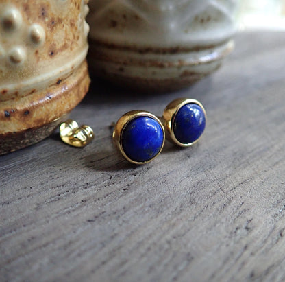 Deep Blue Lapis Stud Earrings – Classic 14k Gold Plated Bezel Design - September Birthstone