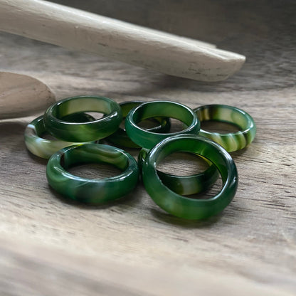Solid Green Banded Agate Ring, Green Gemstone Carved  Stone Band, Solid Green Gemstone Ring, Medium Thick Thumb Ring