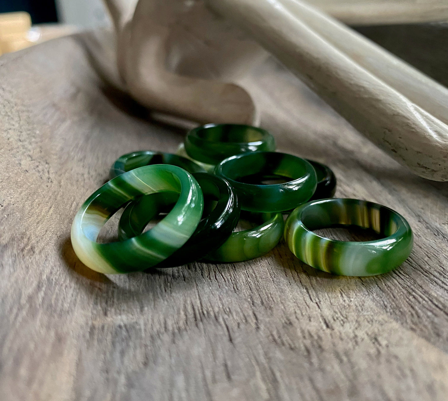 Solid Green Banded Agate Ring, Green Gemstone Carved  Stone Band, Solid Green Gemstone Ring, Medium Thick Thumb Ring