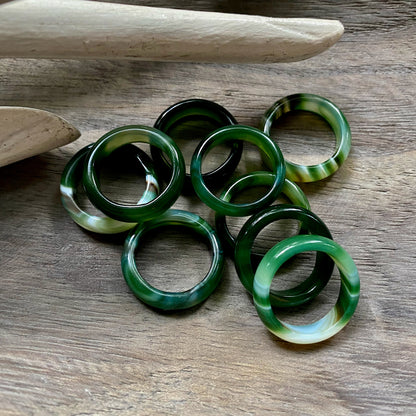 Solid Green Banded Agate Ring, Green Gemstone Carved  Stone Band, Solid Green Gemstone Ring, Medium Thick Thumb Ring