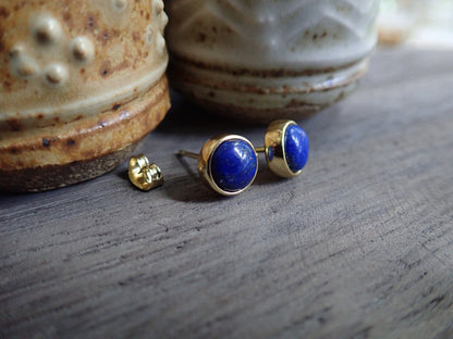 Deep Blue Lapis Stud Earrings – Classic 14k Gold Plated Bezel Design - September Birthstone