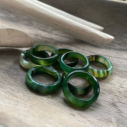 Solid Green Banded Agate Ring, Green Gemstone Carved  Stone Band, Solid Green Gemstone Ring, Medium Thick Thumb Ring