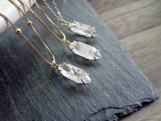 Raw Clear Quartz Crystal Pendant Necklace, 18k Gold Fill Gemstone Necklace, Boho Layering Jewelry