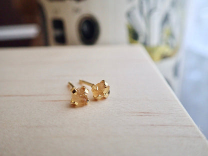 Raw Citrine Stud Earrings – Natural Gemstone Nuggets in 14k Gold Prong Settings