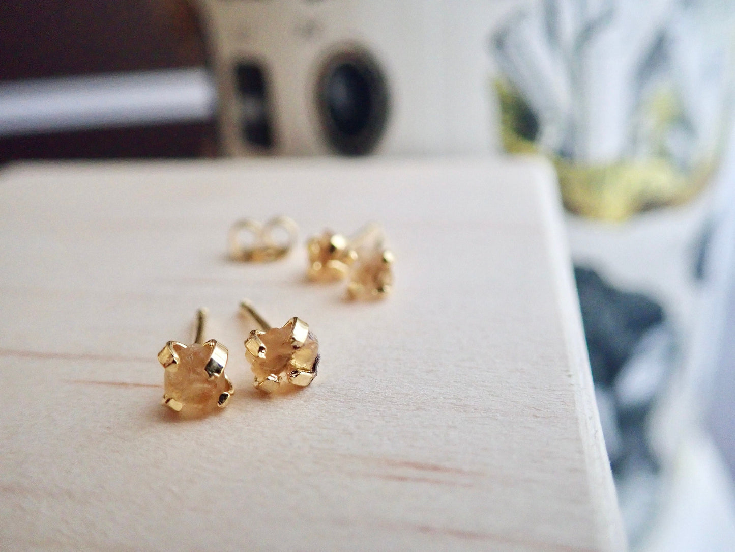 Raw Citrine Stud Earrings – Natural Gemstone Nuggets in 14k Gold Prong Settings