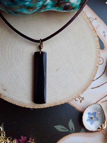 Men's Leather Stone Necklace,Obsidian Necklace Men,Leather Necklace for Men,Black Stone Pendant,Man Necklace Rectangle Stone,Mens Jewelry