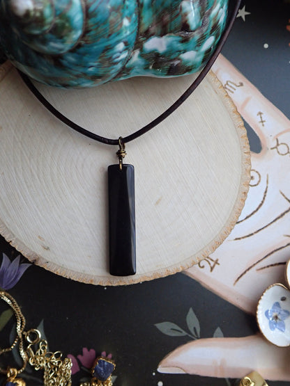 Men's Leather Stone Necklace,Obsidian Necklace Men,Leather Necklace for Men,Black Stone Pendant,Man Necklace Rectangle Stone,Mens Jewelry