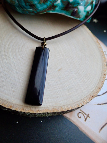 Men's Leather Stone Necklace,Obsidian Necklace Men,Leather Necklace for Men,Black Stone Pendant,Man Necklace Rectangle Stone,Mens Jewelry