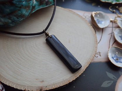 Men's Leather Stone Necklace,Obsidian Necklace Men,Leather Necklace for Men,Black Stone Pendant,Man Necklace Rectangle Stone,Mens Jewelry
