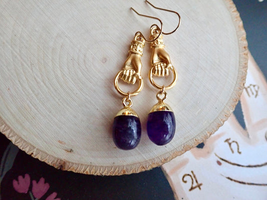 Gold Vermeil Victorian Hand Dangle Earrings with Amethyst Drop – Gemstone Talisman Jewelry